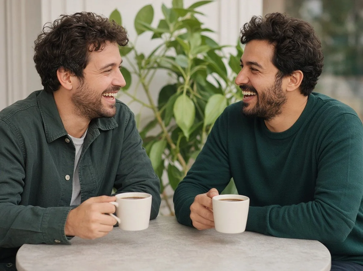 Two friends at a cafe table facing each other talking, both faces visible
