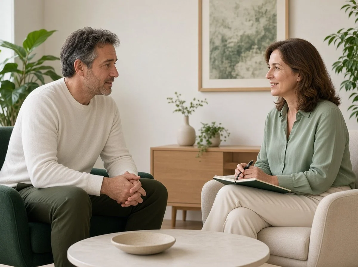 A man in his fifties talking with a therapist in a calm counselling room