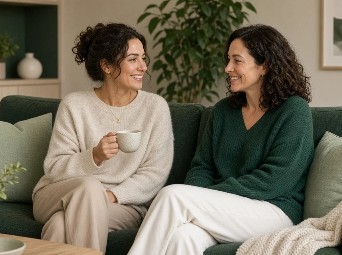 Two friends relaxing with tea on a sofa