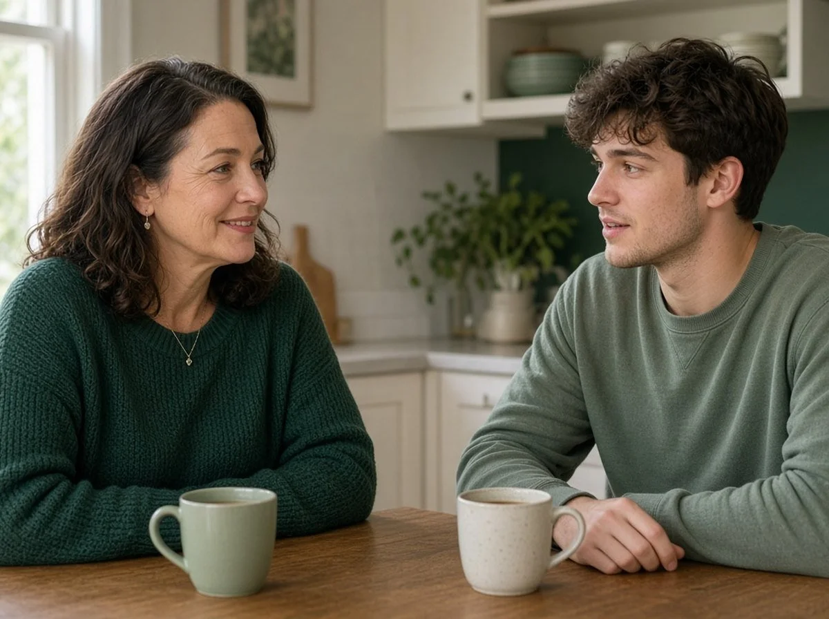 Mother and adult son talking calmly at a kitchen table