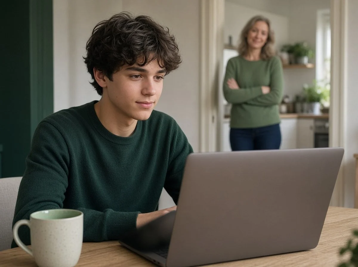 Older teen in an online therapy session with a parent in the background