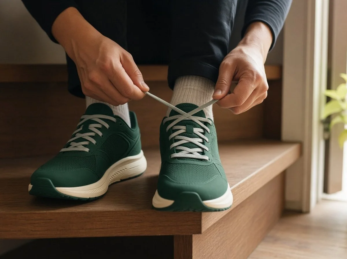 Hands lacing up running shoes by a doorway in morning light