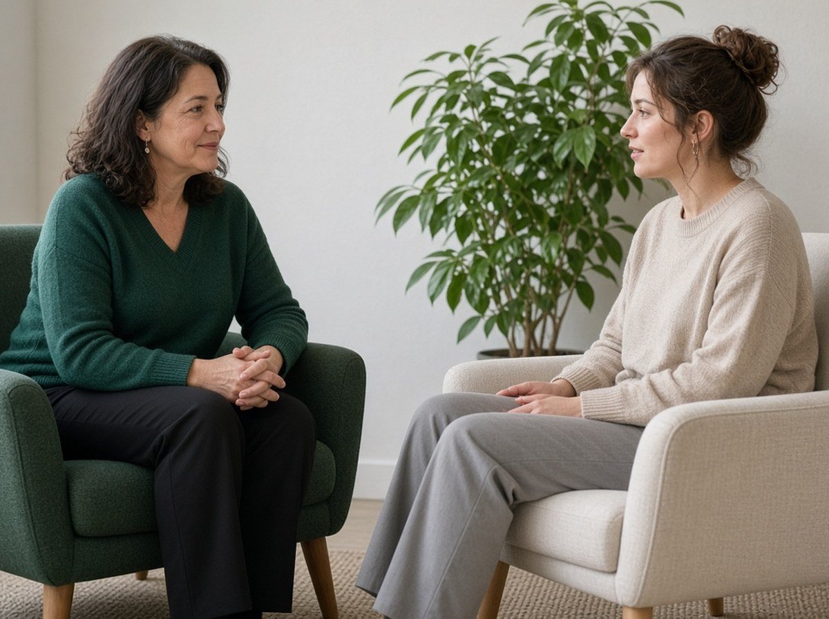 A counsellor and a client facing each other talking in a calm room