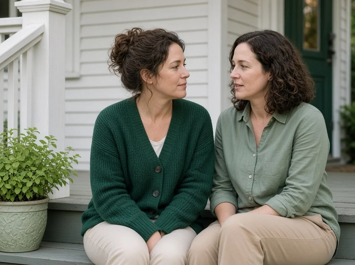 A woman on a porch step breathing out slowly while a friend beside her talks with her calmly