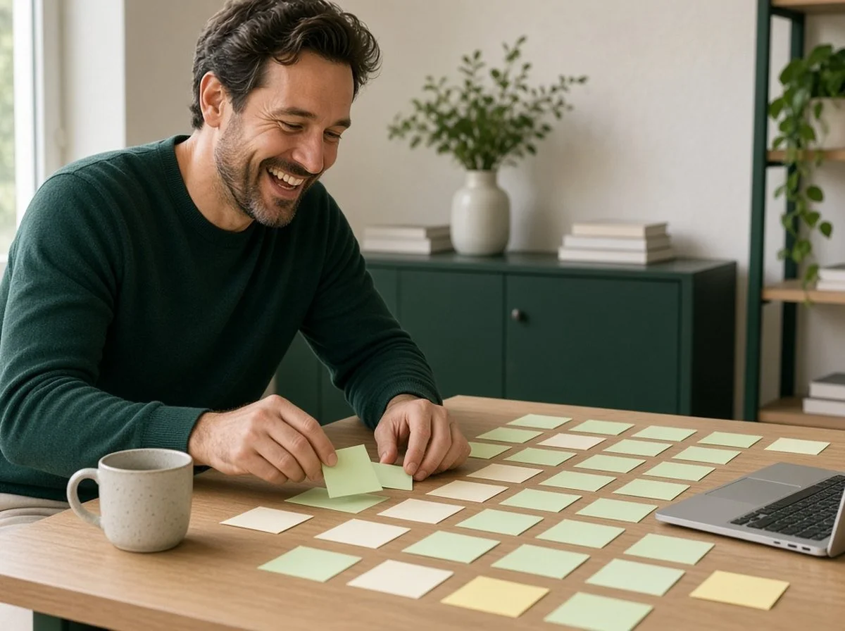 A man laughing as he sorts sticky notes at a cluttered desk