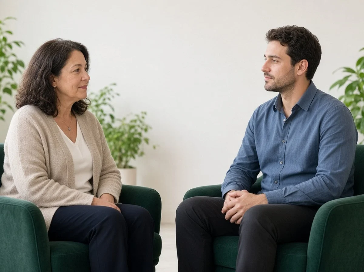 Woman in her fifties talking with a younger male therapist