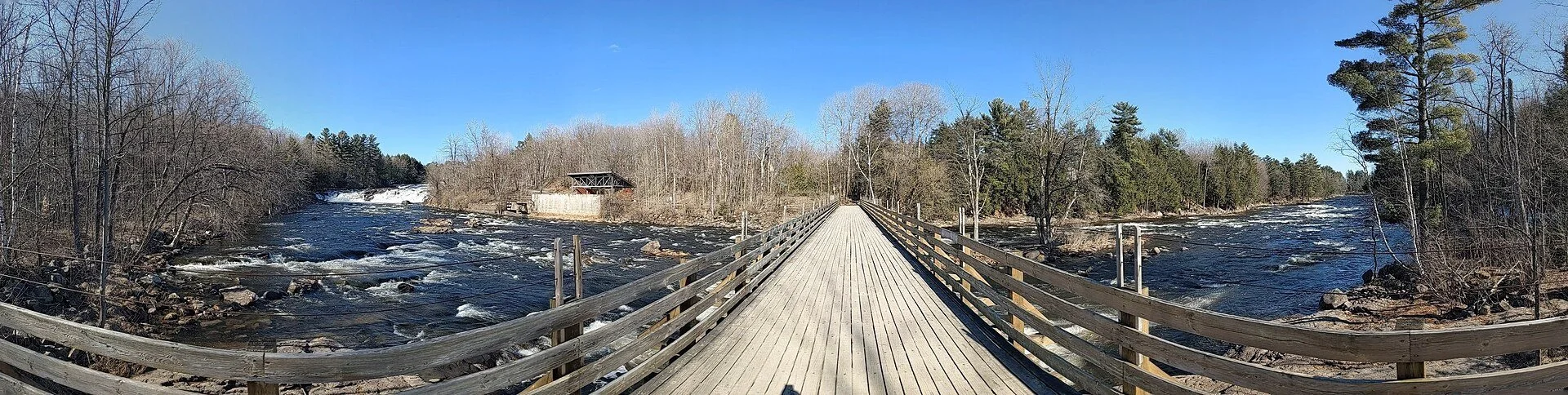 A panorama from the footbridge over the Wilson Falls on the Rivière du Nord in Saint-Jérôme, Quebec.