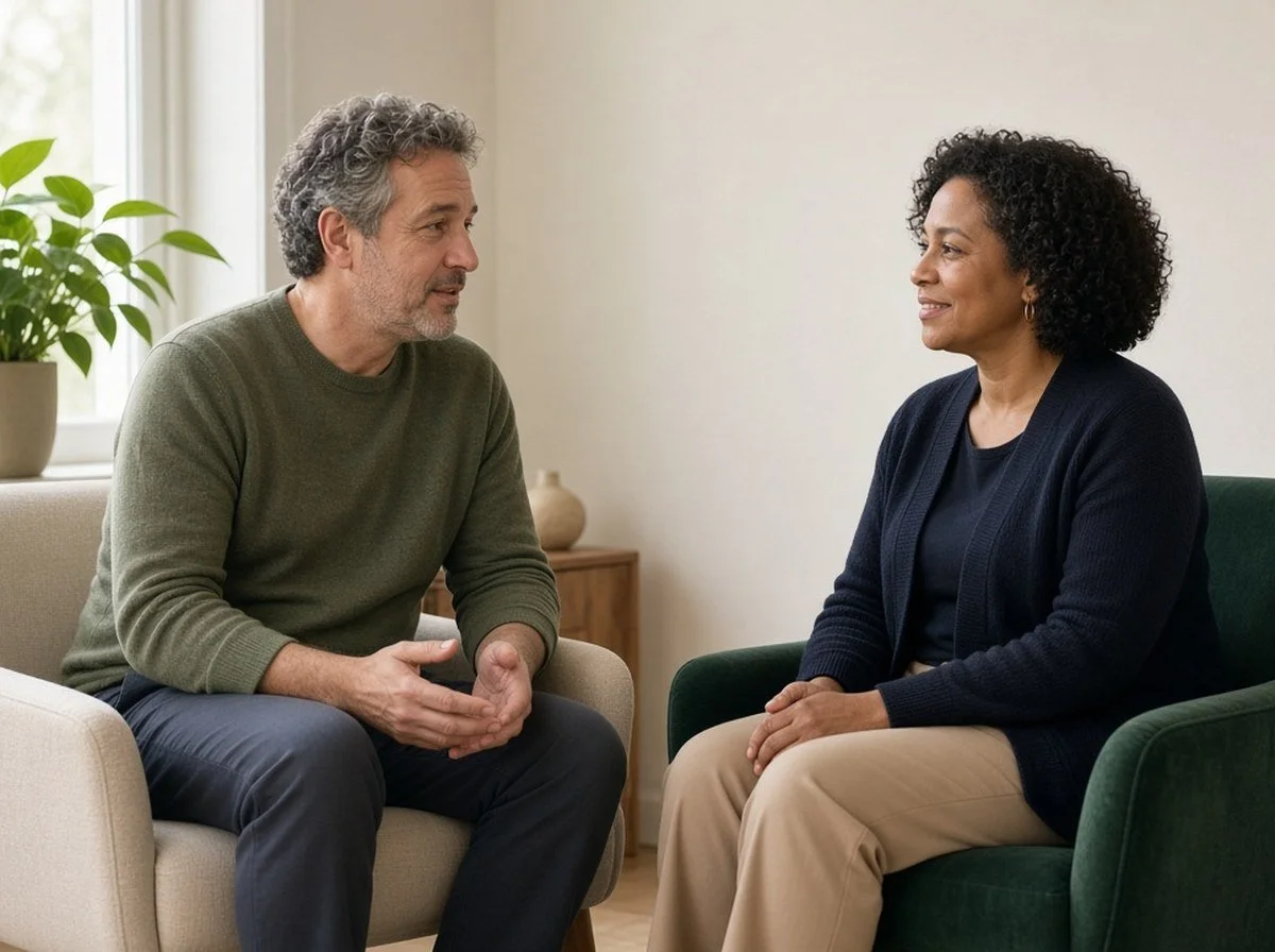 A man and a counsellor facing each other talking in a calm bright room