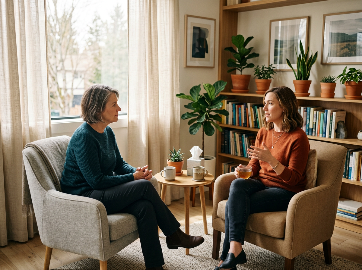 a mother and a female eating disorder therapist discuss anorexia treatment during their therapy program in cambridge