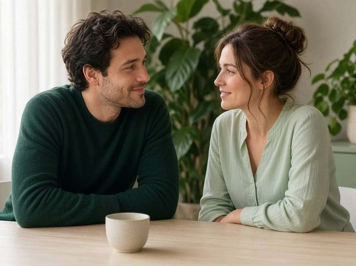 A couple having a calm, honest conversation at a table