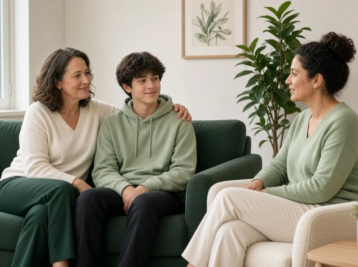A parent and teen in a counselling session, both smiling slightly