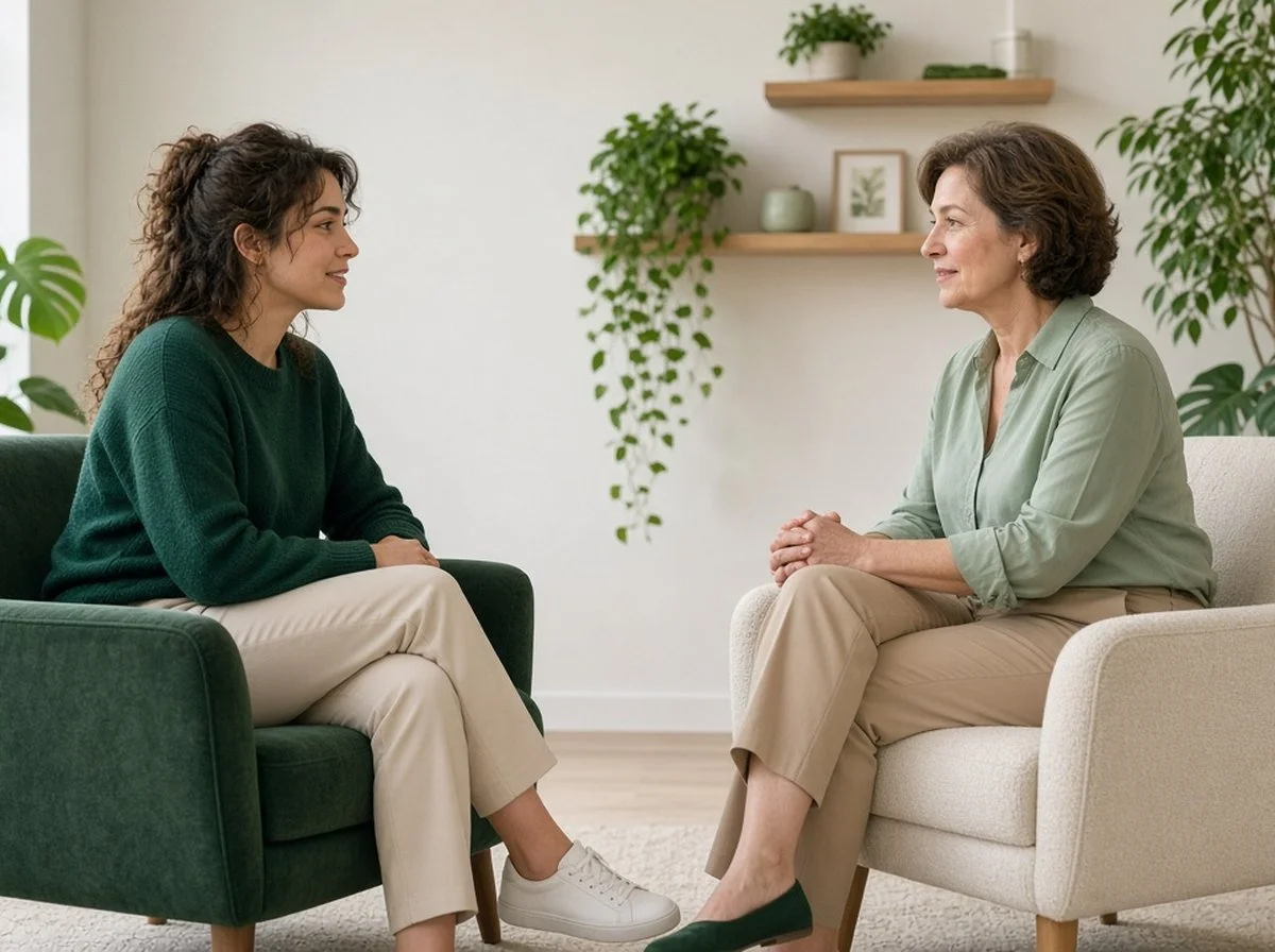 An adult talking with a counsellor in a bright room