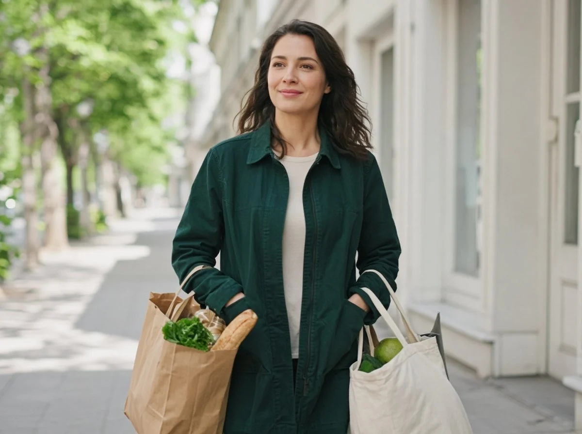 Woman carrying grocery bags on a tree-lined street