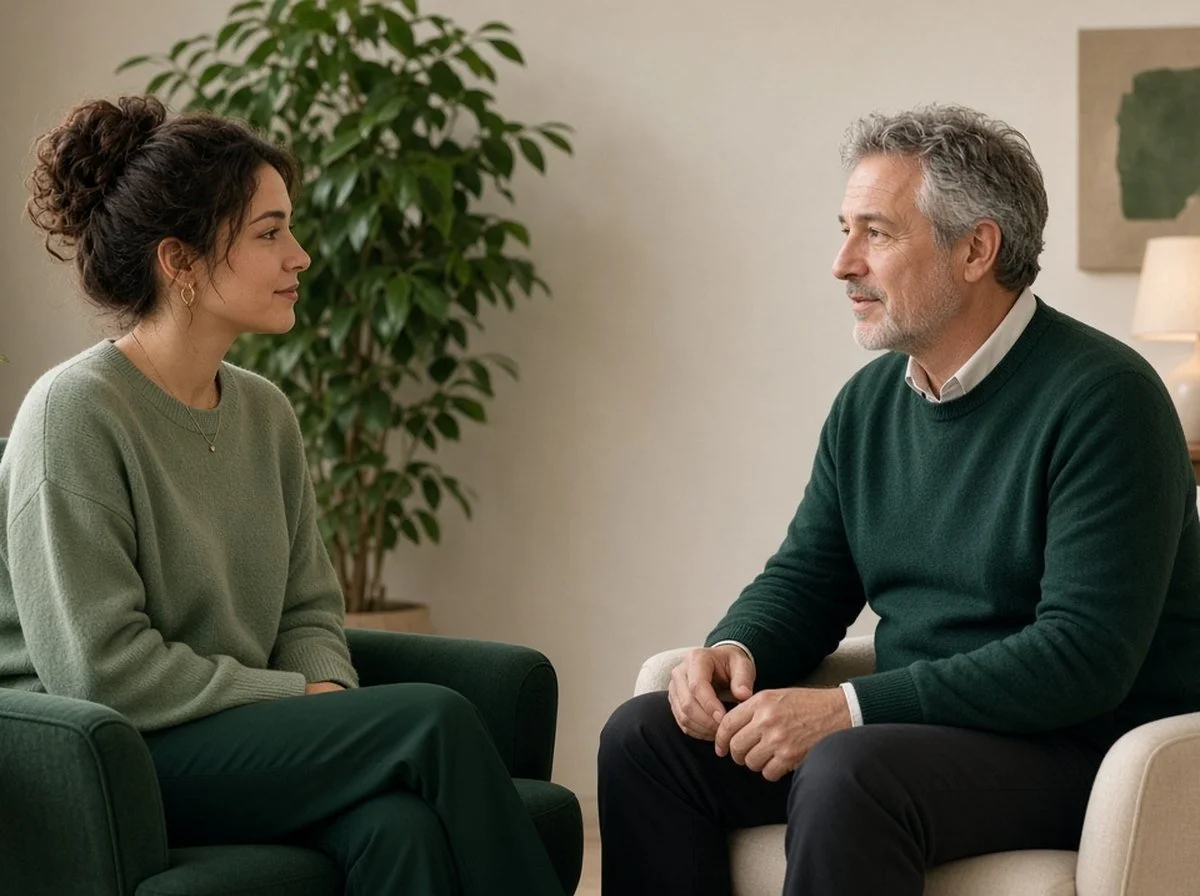 An adult talking with a counsellor in a warm room