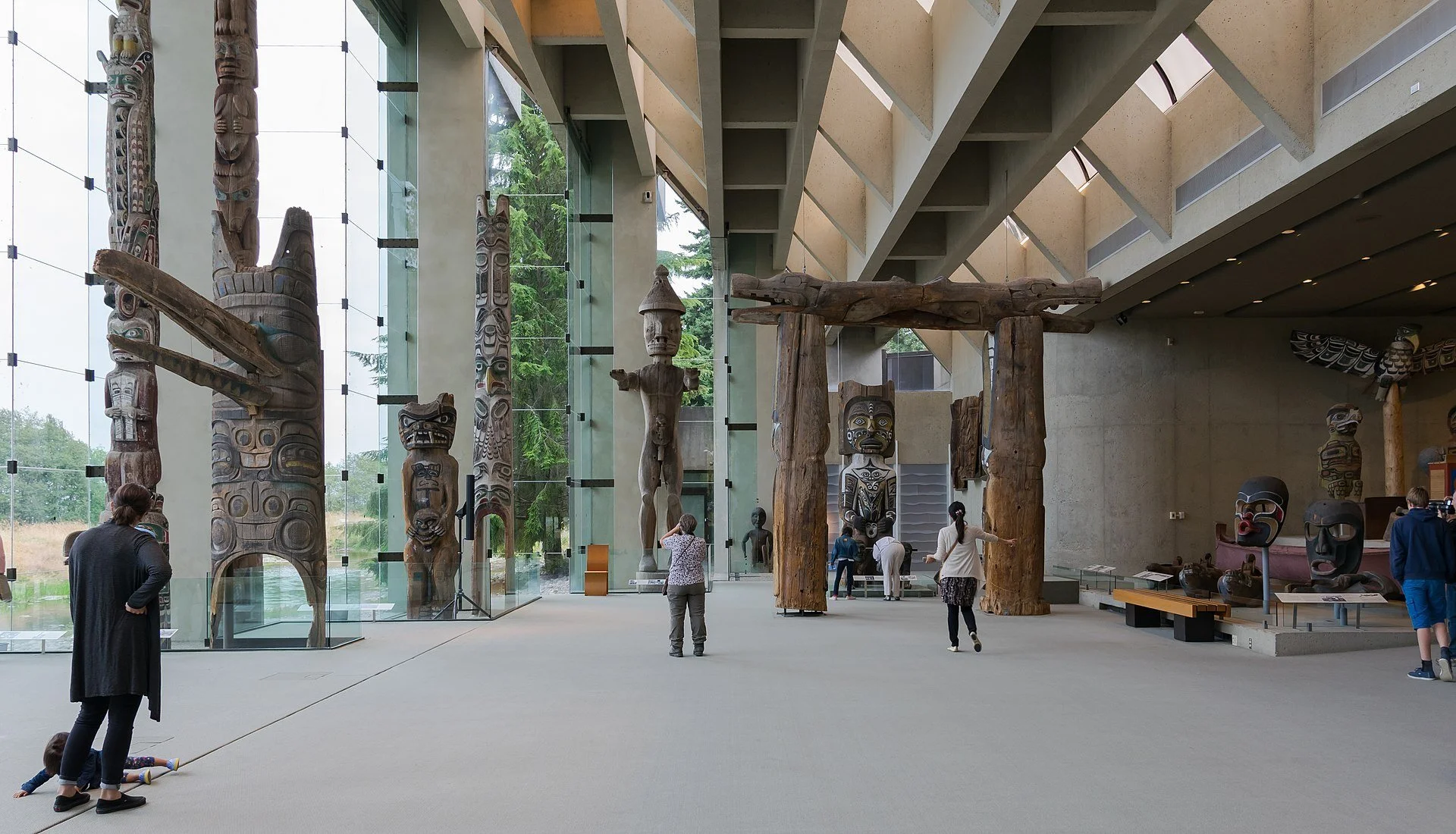 Tall Northwest Coast carvings in the main hall of the Museum of Anthropology at UBC.