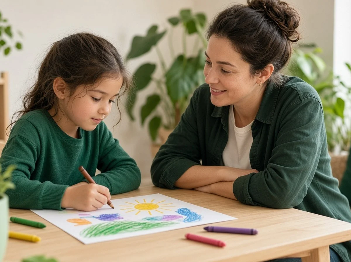 A child drawing at a table with a friendly counsellor