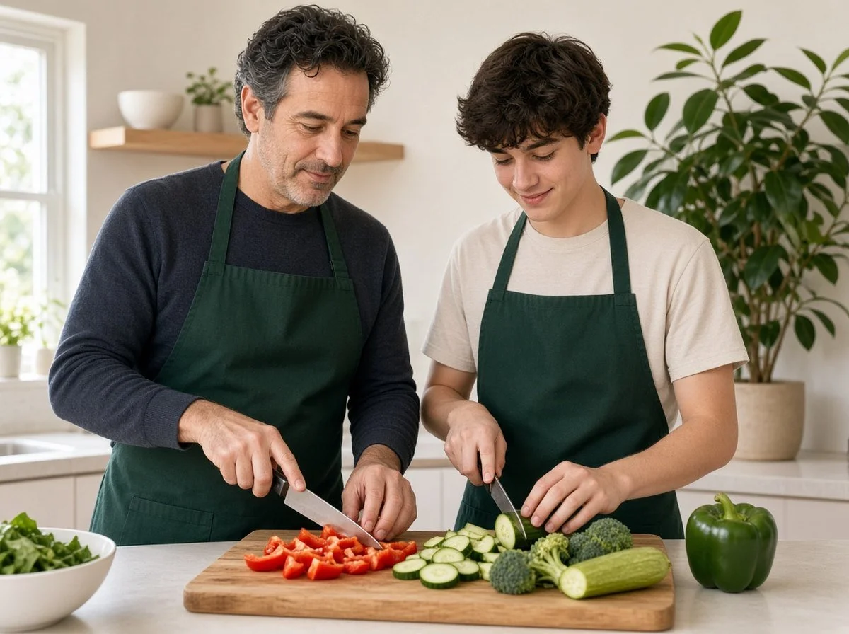 Father and teenage son cooking side by side in a bright kitchen