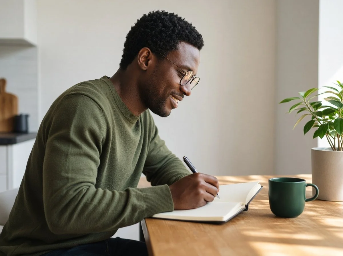 Man reflecting and writing in a notebook at his kitchen table