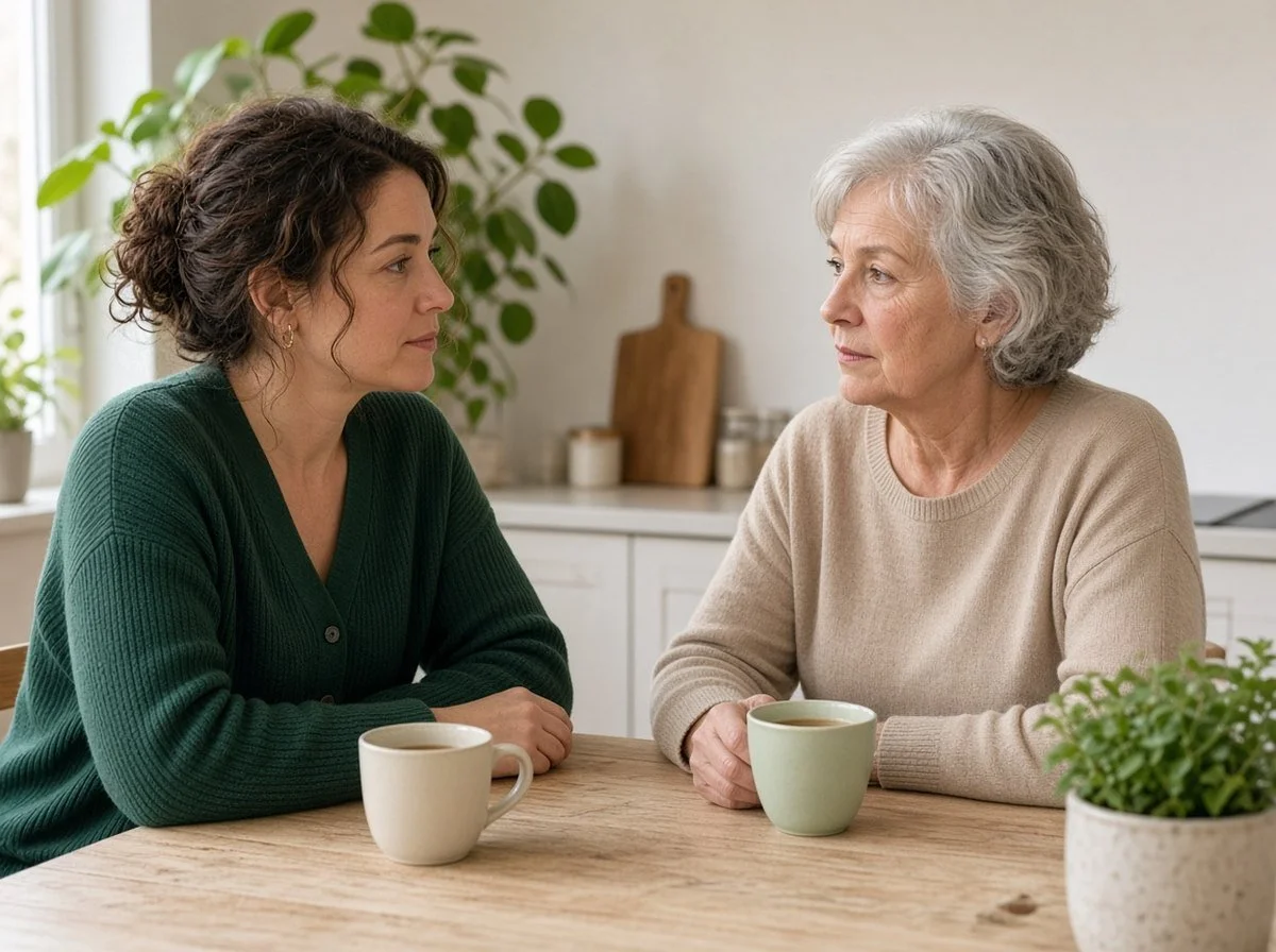 Adult child talking with a parent about boundaries in a close family