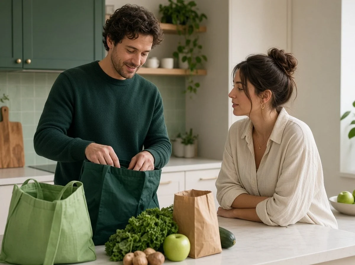 A couple talking while one partner unpacks groceries
