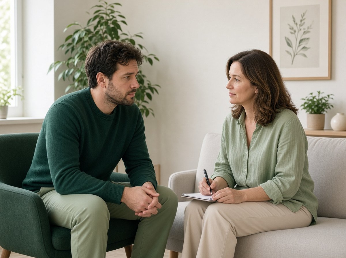 Man leaning forward thoughtfully while talking with a therapist.