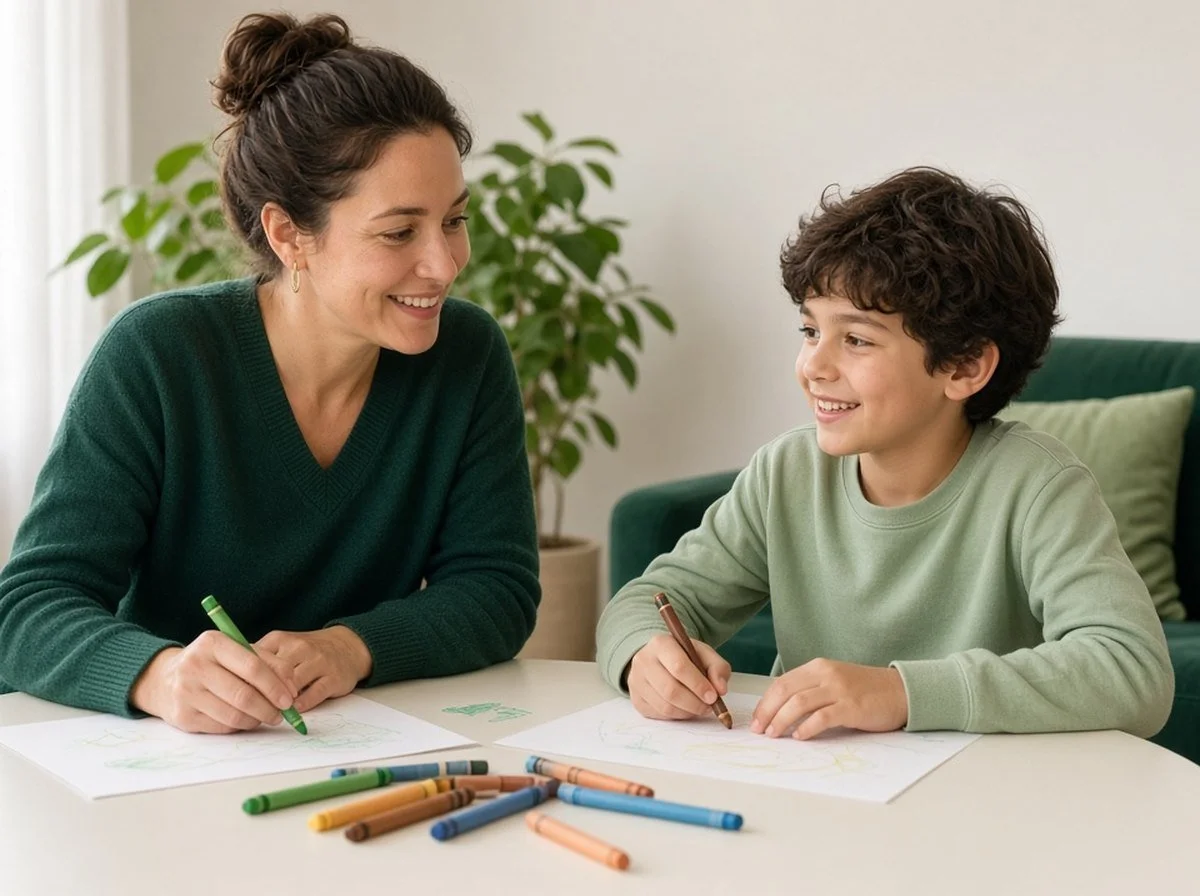 A counsellor and a child drawing together at a low table