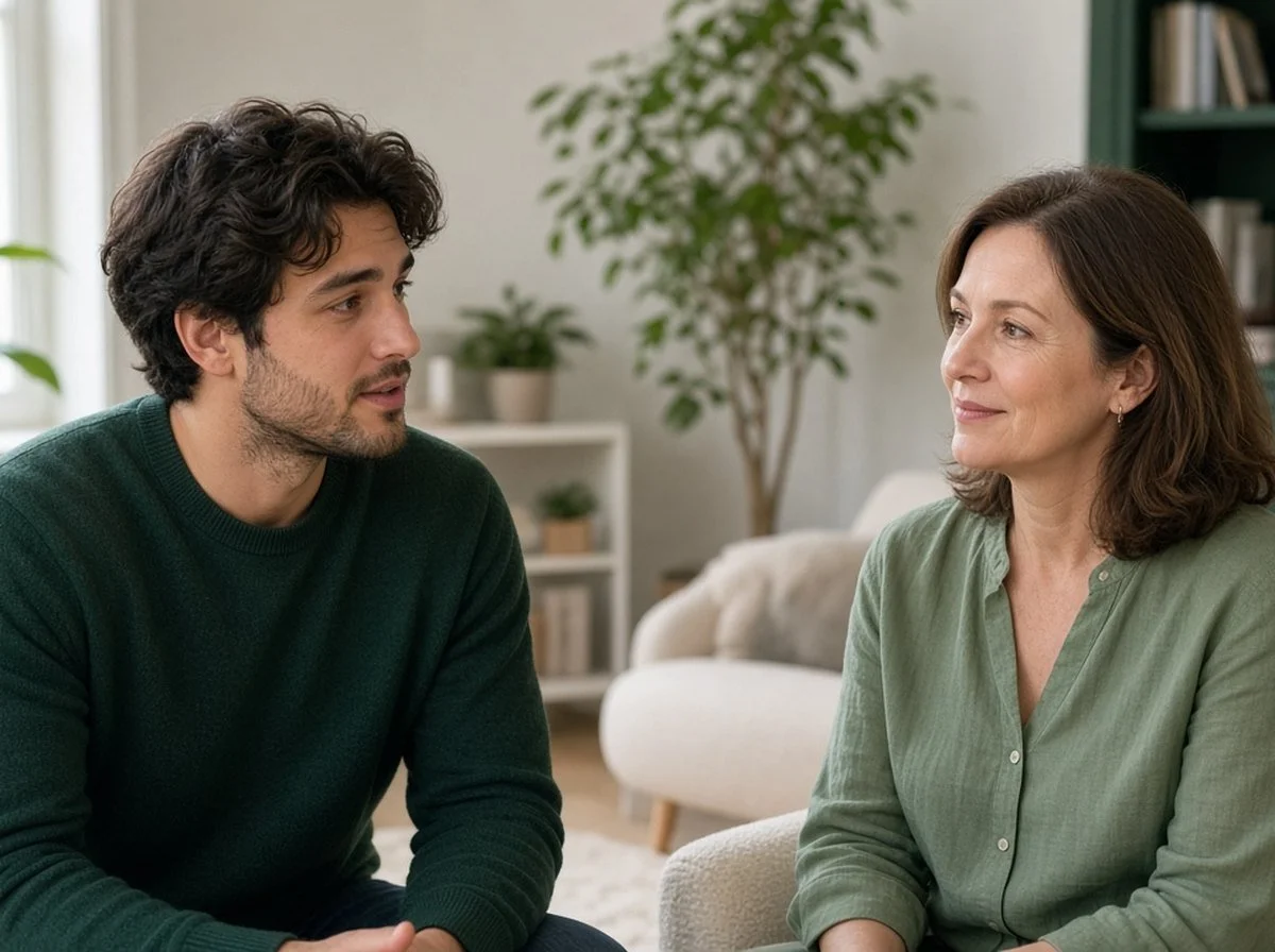 An adult talking with a therapist in a bright office
