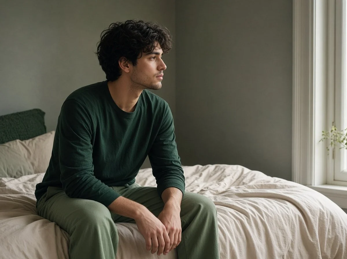 A young man sitting on the edge of his bed looking tired and thoughtful in morning light