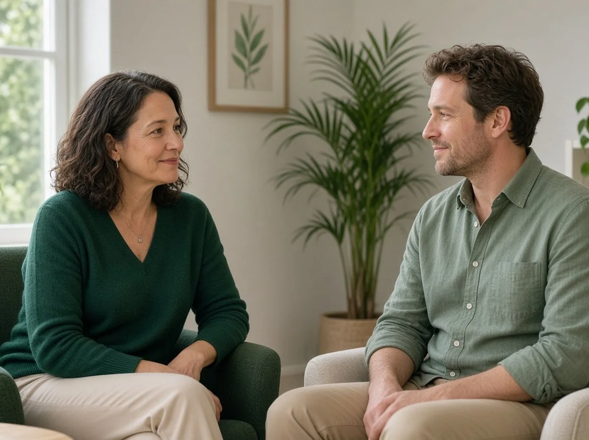 A counsellor and a client talking face to face in a bright counselling room