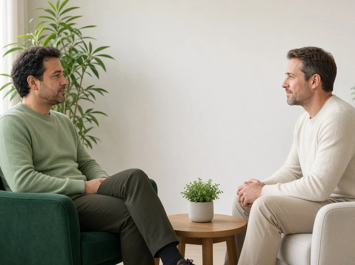 Man in a green armchair talking with a counsellor across a small table with a plant