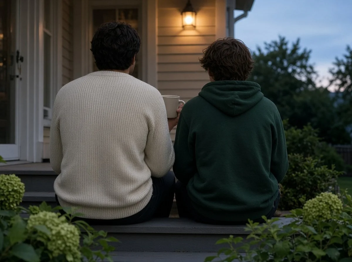a parent and teen sitting together on a front porch step at dusk, seen from behind