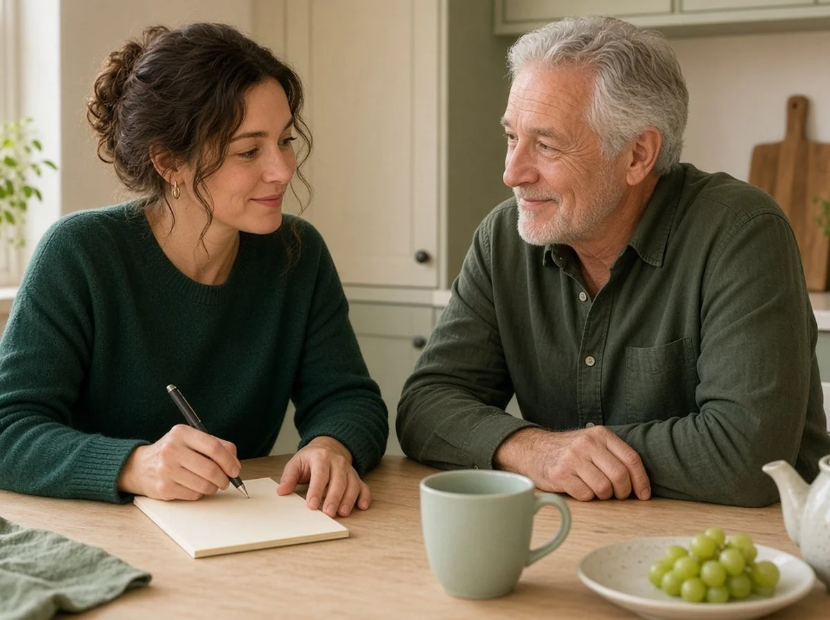 Woman writing a handwritten note on a card while her father looks on