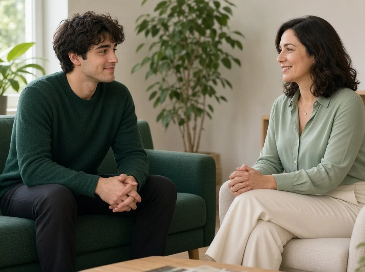 A young man meeting a new therapist in a bright counselling room