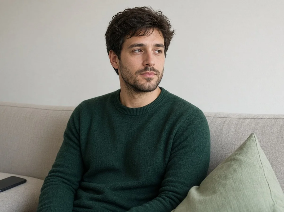 Man sitting alone on a couch with his phone face down