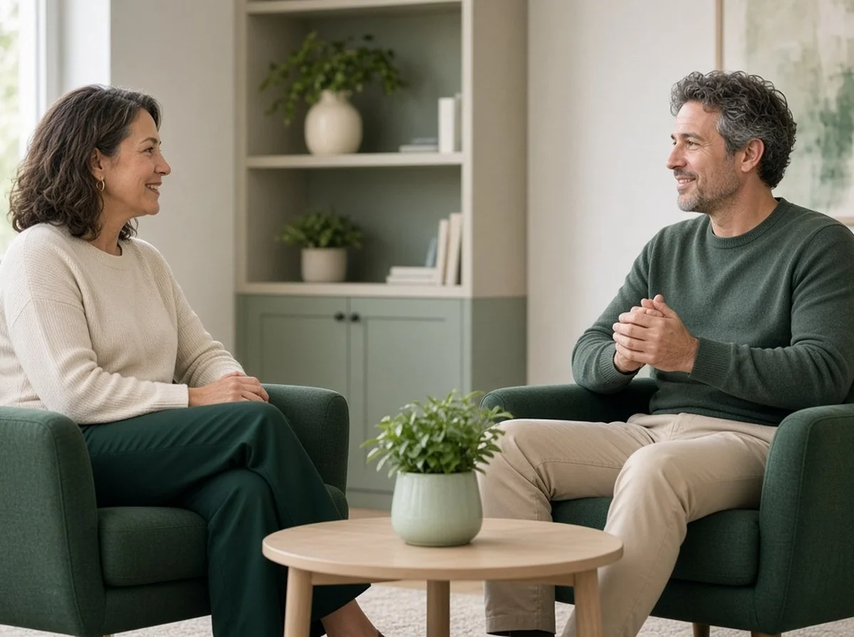 A woman talking with a counsellor in a bright office