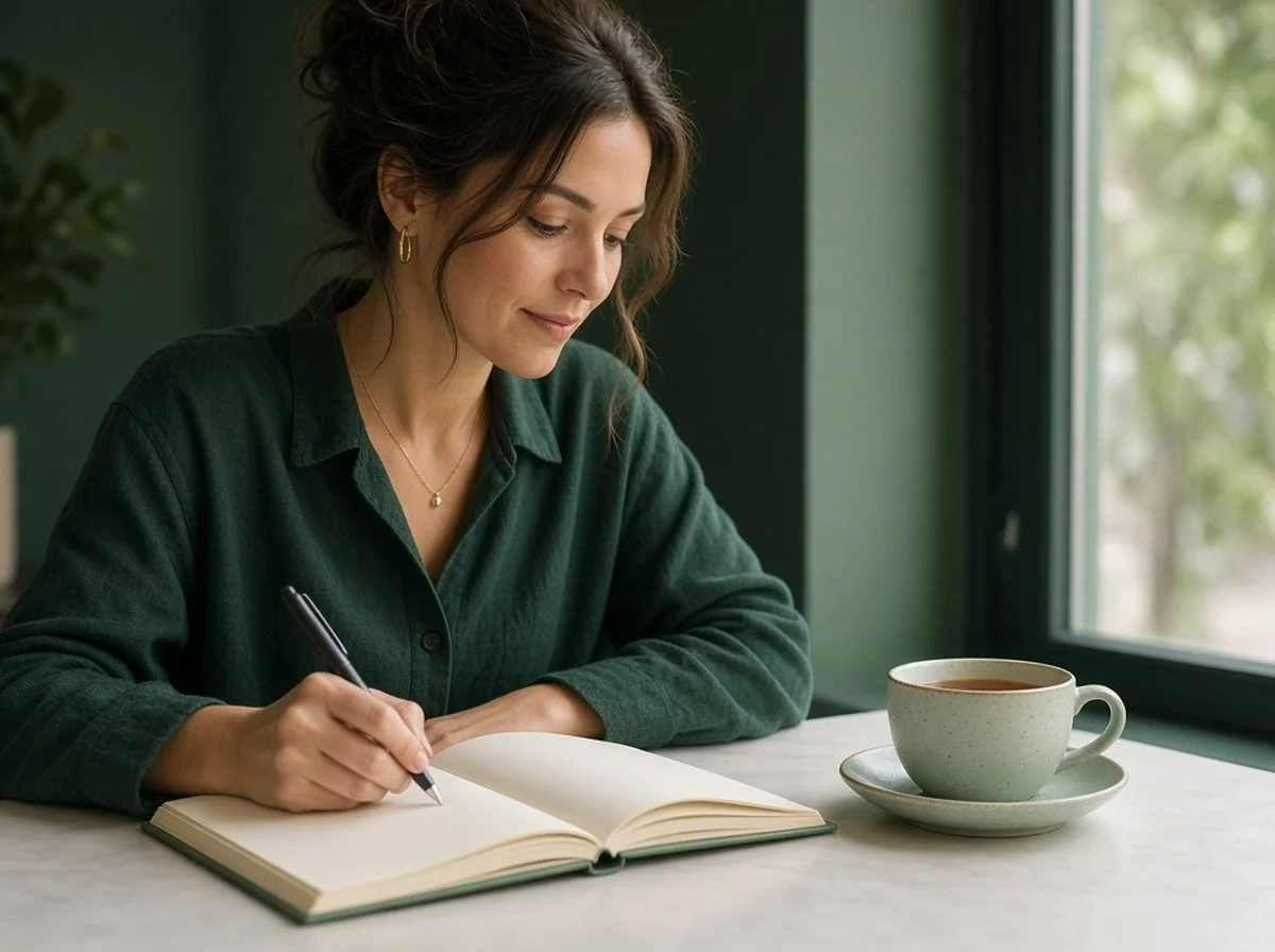An adult journaling at a cafe table