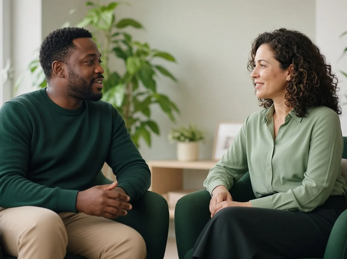 A man smiling as he talks with a counsellor