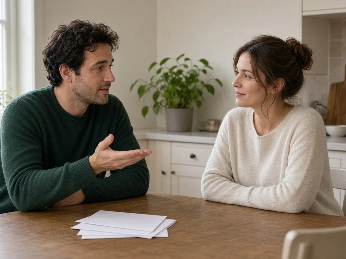 A man at a kitchen table beside a stack of unopened mail, talking with his partner who listens