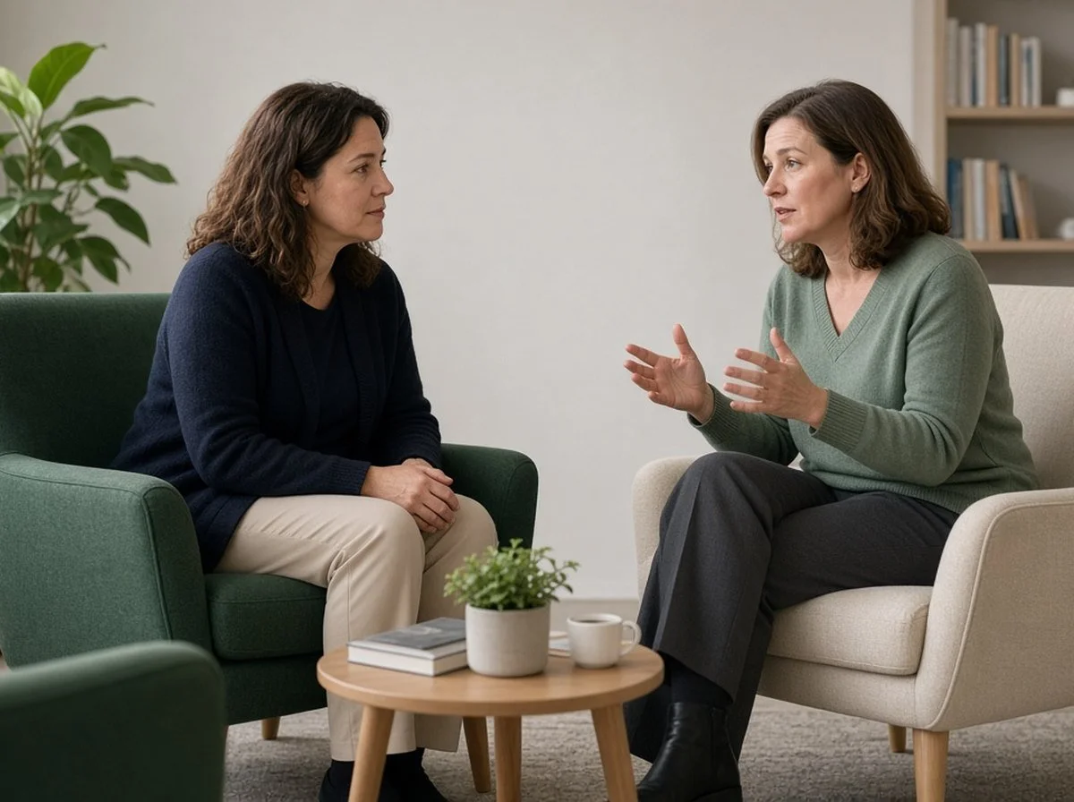A counsellor and a client talking face to face in a calm counselling room .