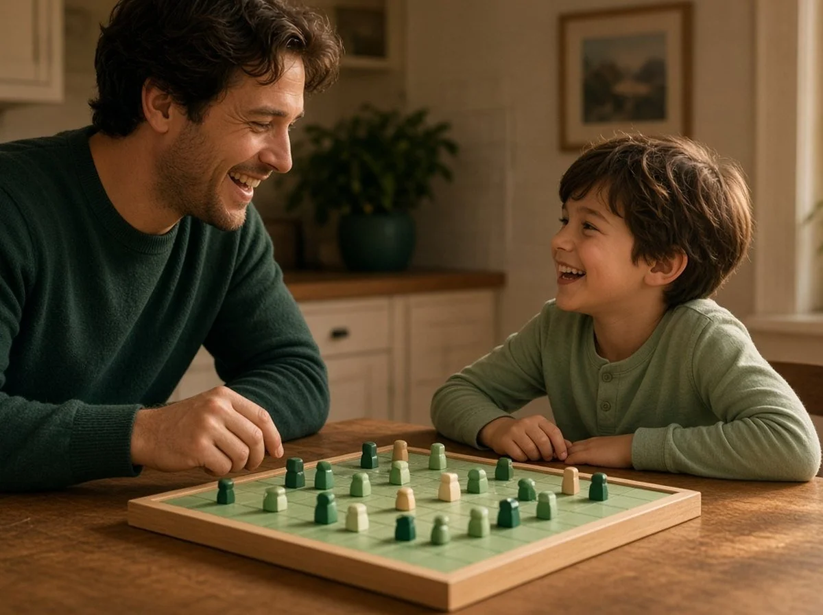 A father laughing with his son over a board game