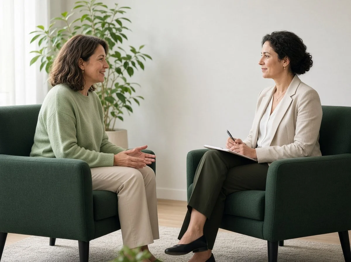 Woman talking with a therapist and looking encouraged