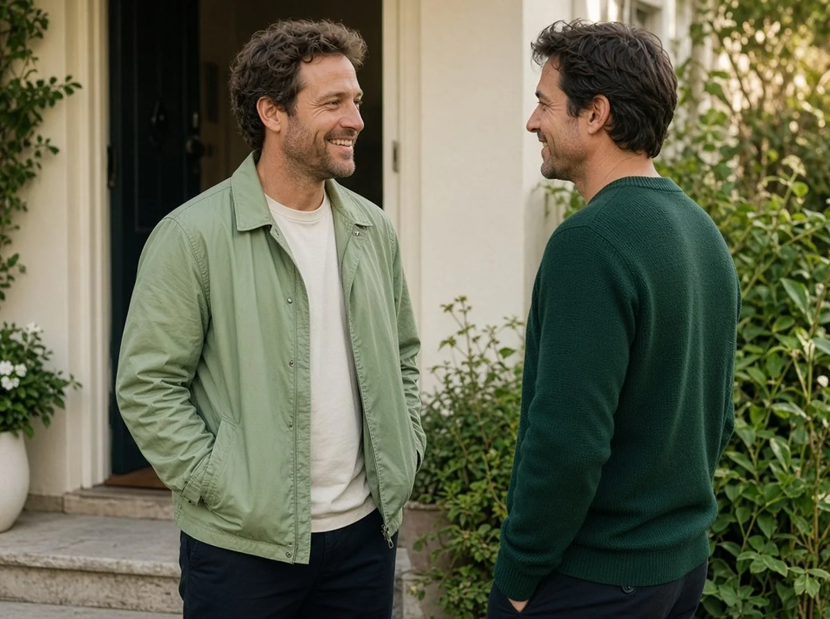 Man outside his front door smiling at a friend who came to take him for a walk