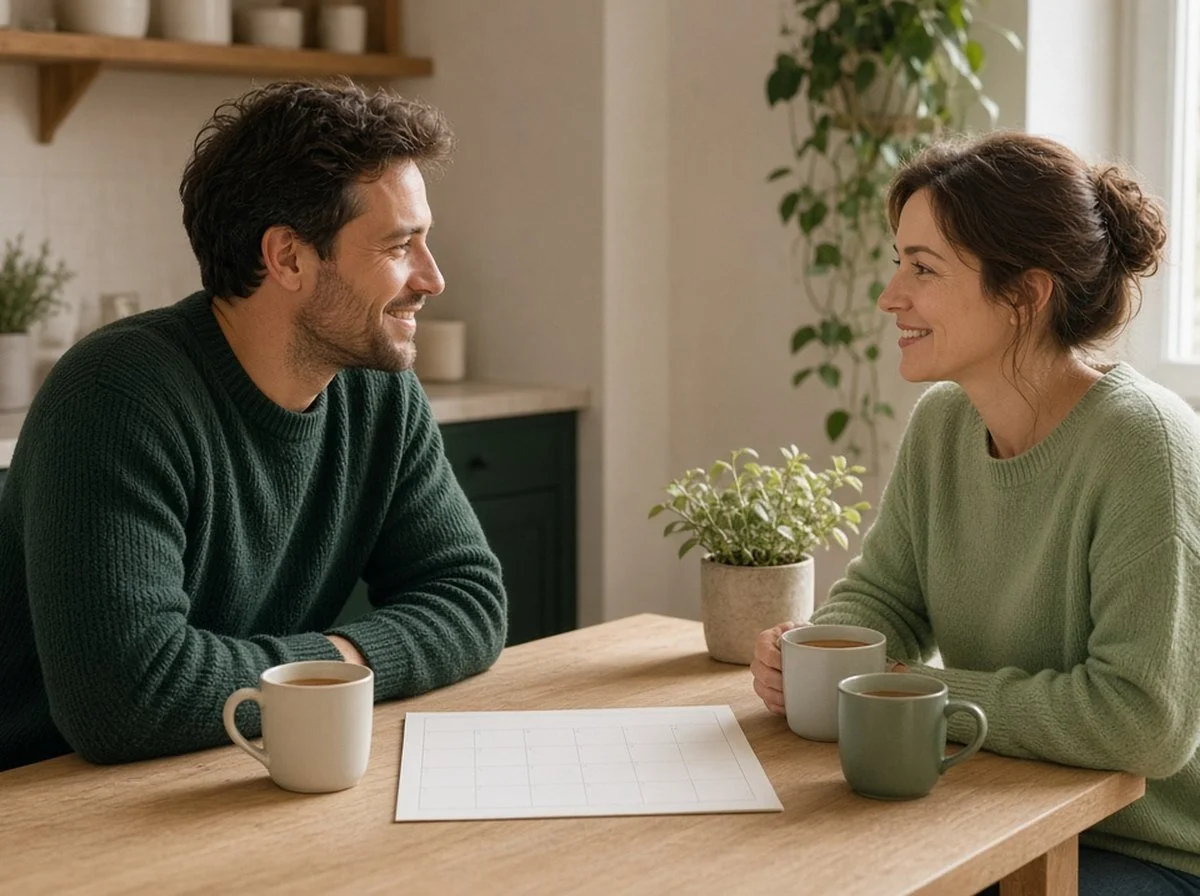 A couple planning together at their kitchen table