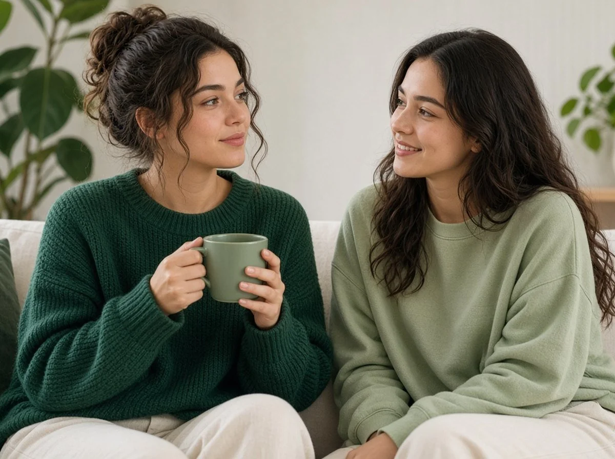 A thoughtful young woman holding a mug on a couch beside a supportive friend