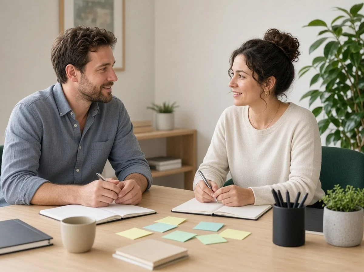 Two colleagues at a desk talking, both faces visible, notebooks and sticky notes nearby