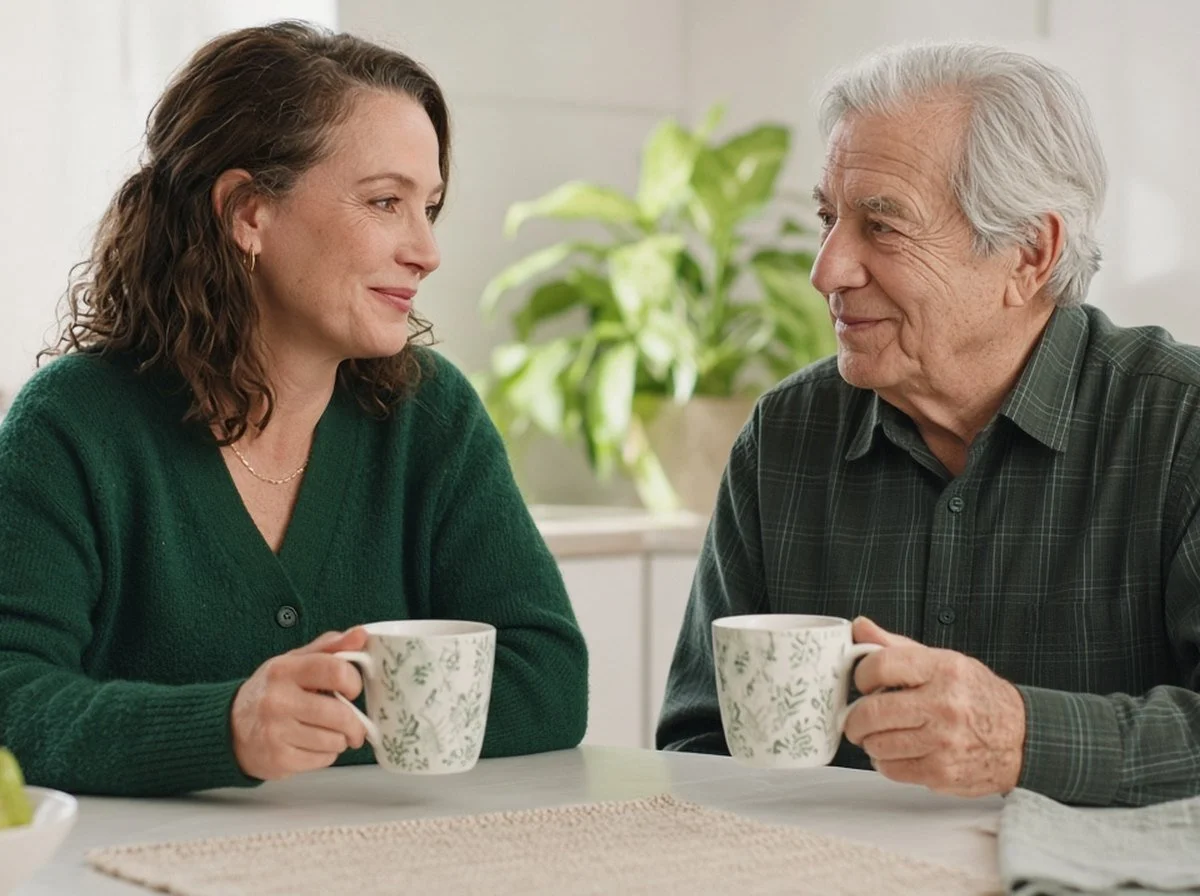 Woman sharing coffee with her elderly father at a table