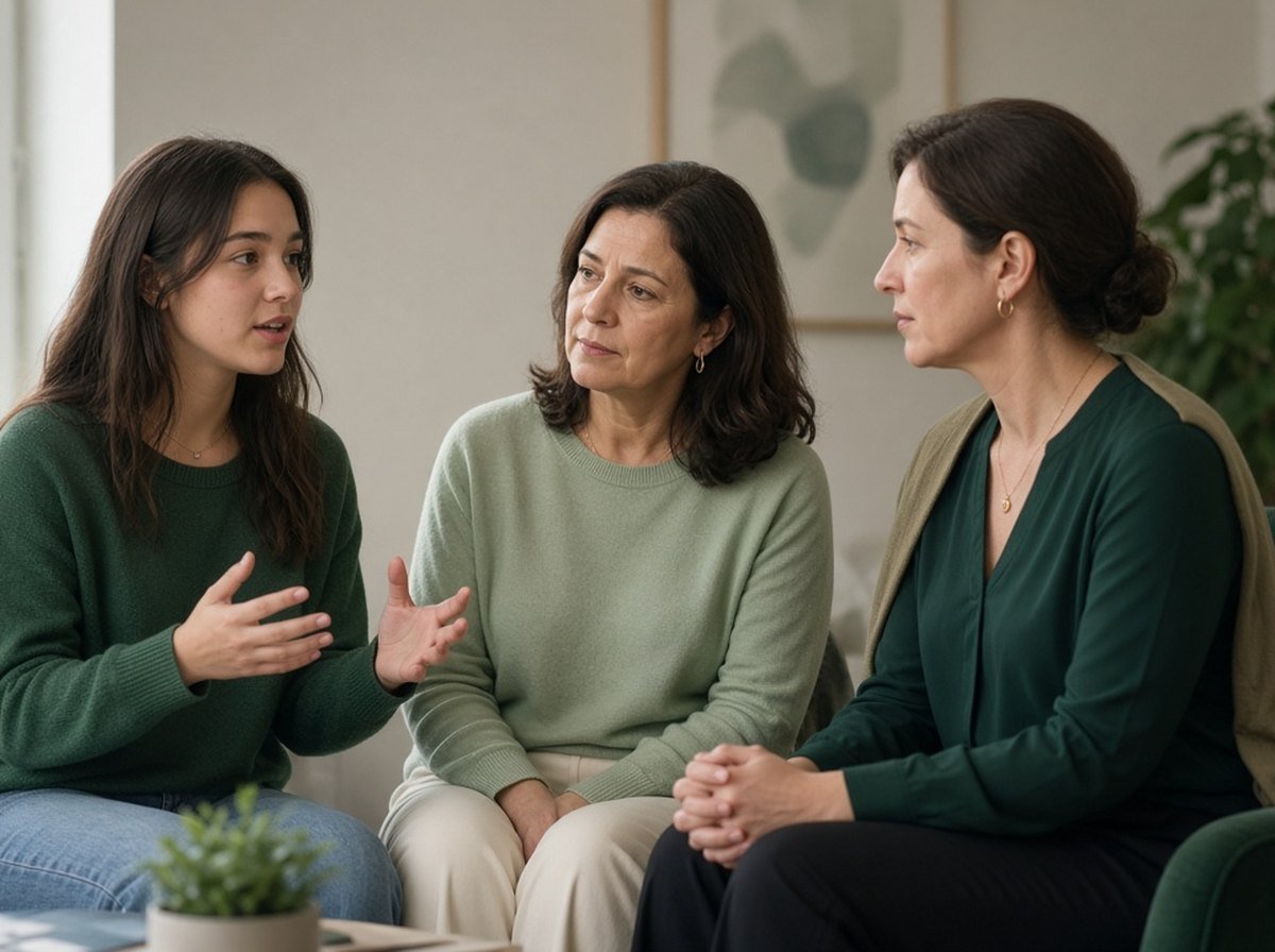 Teen and her mother talking with a female therapist