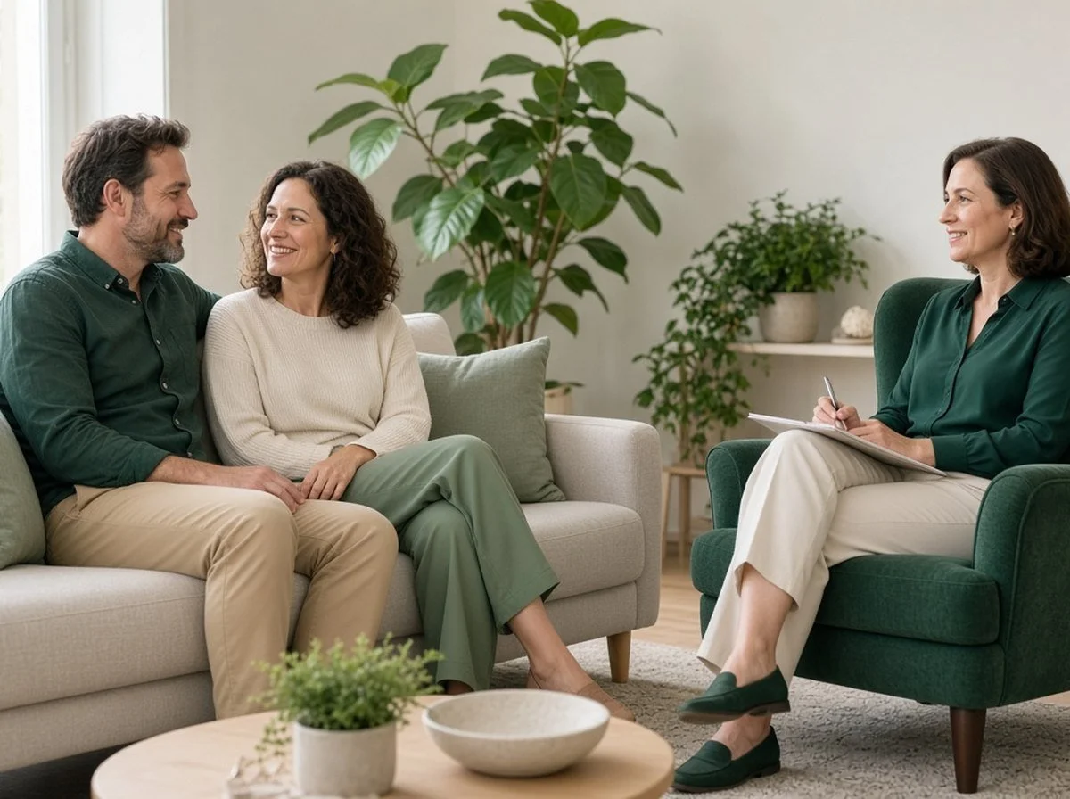 A couple talking with a counsellor in a bright office