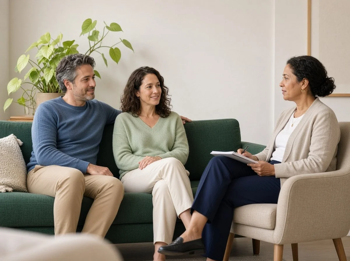 Couple talking with a therapist in a bright counselling office