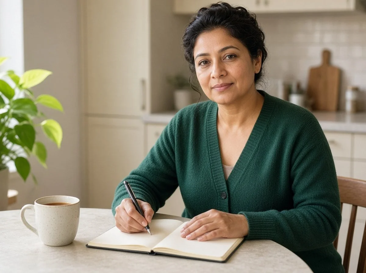 Woman writing in a notebook at a kitchen table in morning light